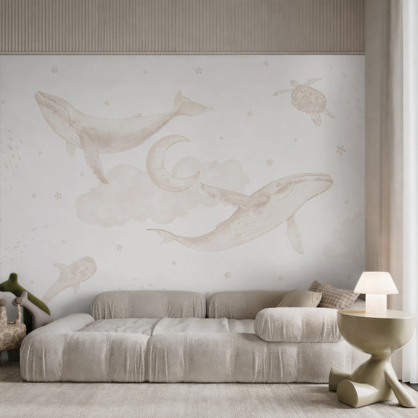 Beige ocean nursery wallpaper with watercolor whales, sea turtles, whale shark, stingray, tiny fish, crescent moon and soft dreamy clouds.