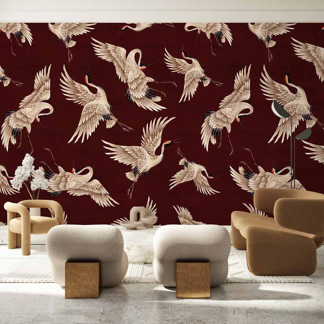 Flying Burgundy Japanese Cranes Wall Mural WM120