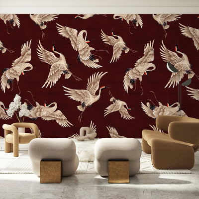 Flying Burgundy Japanese Cranes Wall Mural WM120