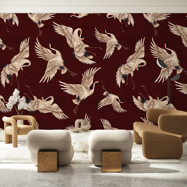 Flying Burgundy Japanese Cranes Wall Mural WM120 - CostaCover - Peel and stick Removable Wallpaper - accent wallpaper - adhesive wallpaper - animal texture