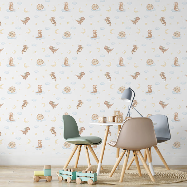 Cute watercolor dragon wallpaper featuring a beige baby dragon sitting on a soft blue cloud with a yellow star, ideal for a whimsical nursery.