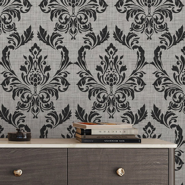 Black Gray Damask Wallpaper A028 - CostaCover - Peel and stick Removable Wallpaper - accent wallpaper - adhesive wallpaper - art deco bathroom