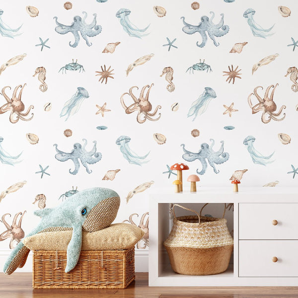 Blue Beige Undersea World Wallpaper CC353 - CostaCover - Peel and stick Removable Wallpaper - Abstract - abstract wallpaper - accent wallpaper