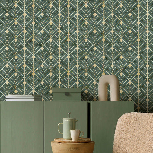 Green Art Deco Wallpaper CC336 - CostaCover - Peel and stick Removable Wallpaper - abstract wall art - abstract wallpaper - accent wallpaper