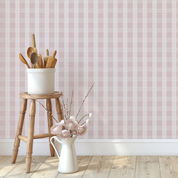 Pink checkered wallpaper featuring pale blush blocks, delicate ivory stripes, and subtle linear details for cottagecore and farmhouse interiors.