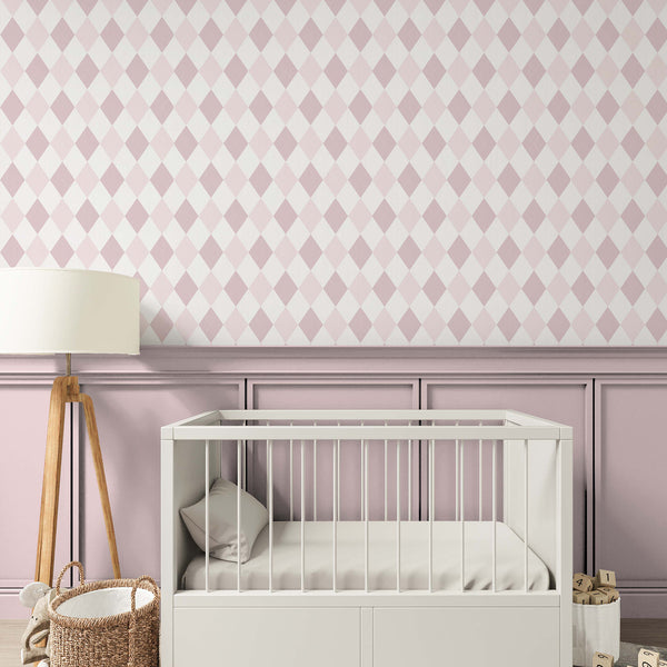 Blush pink and off-white wallpaper with a moderate geometric rhythm. Ideal for modern Scandinavian spaces. Traditional unpasted wallpaper option available for permanent installations.