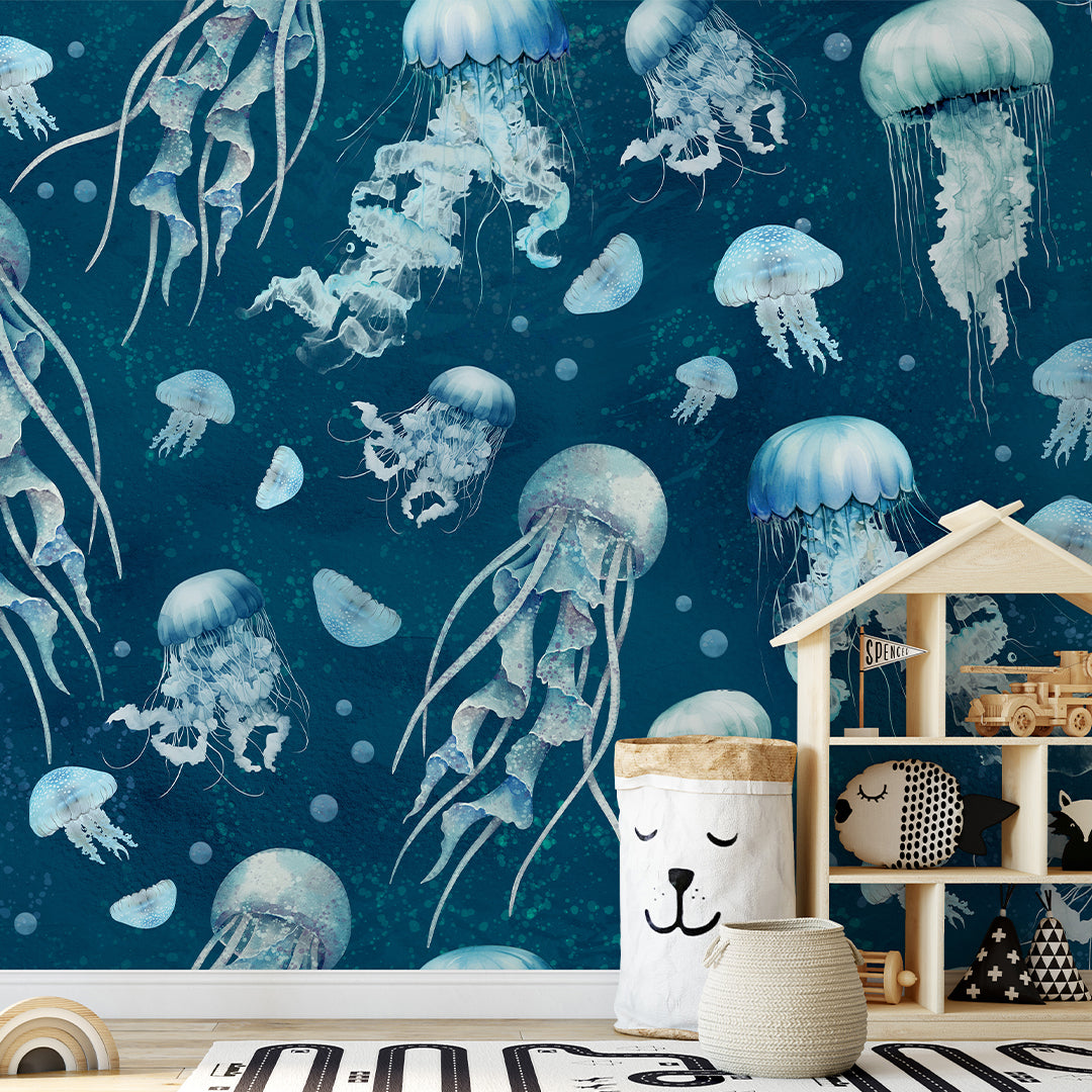 Blue Neon Jellyfish Wall Mural SM063
