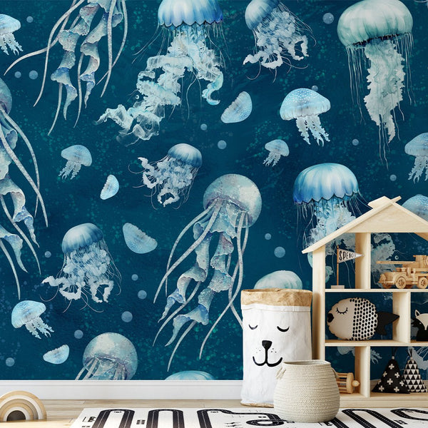 Blue Neon Jellyfish Wall Mural SM063 - CostaCover - Peel and stick Removable Wallpaper - accent wallpaper - adhesive wallpaper - baby bedroom