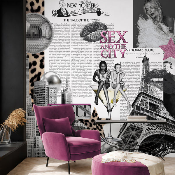New York Fashion wall mural with black-and-white photos, halftone textures, and pink accents, ideal for a modern, graphic accent in a living room or fashion studio.