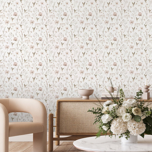 Neutral Floral Bedroom Wallpaper S065 - CostaCover-Peel and stick Removable Wallpaper-accent wallpaper-adhesive wallpaper-bathroom wallpaper