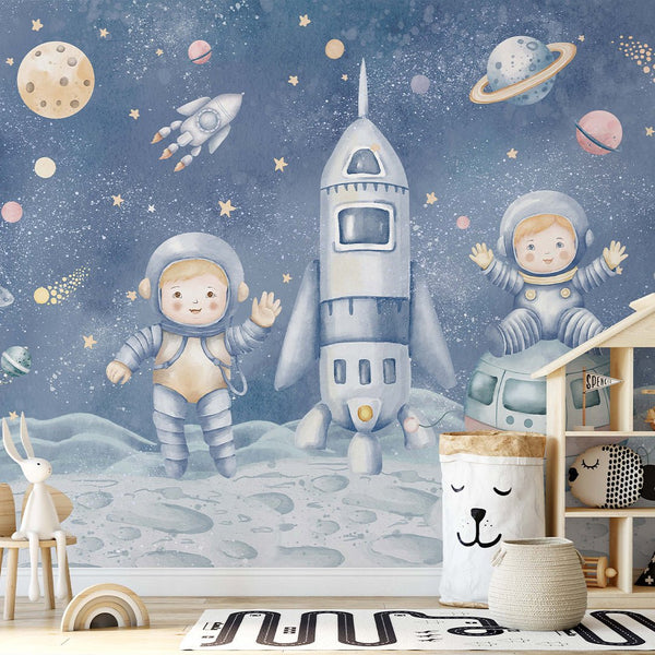 Blue Astronauts & Spaceship Wall Mural SM085 - CostaCover - Peel and stick Removable Wallpaper - accent wallpaper - adhesive wallpaper - baby bedroom