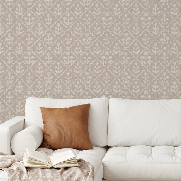 Beige Linen Floral Lattice Wallpaper L121