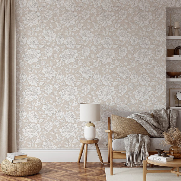 Beige Peony Flowers Wallpaper CC298 - CostaCover - Peel and stick Removable Wallpaper - abstract floral - abstract wallpaper - accent wallpaper