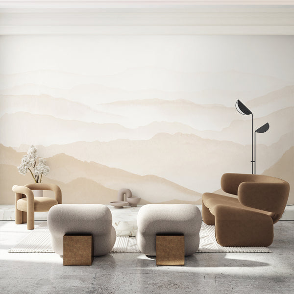 Neutral mountain wallpaper featuring delicate beige watercolor layers and an airy landscape design, ideal for a minimalist bedroom or living room accent wall.