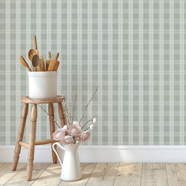Preppy sage plaid wallpaper with wide green checks and refined cream line details, ideal for nursery wallpaper, offices, and modern home decor.