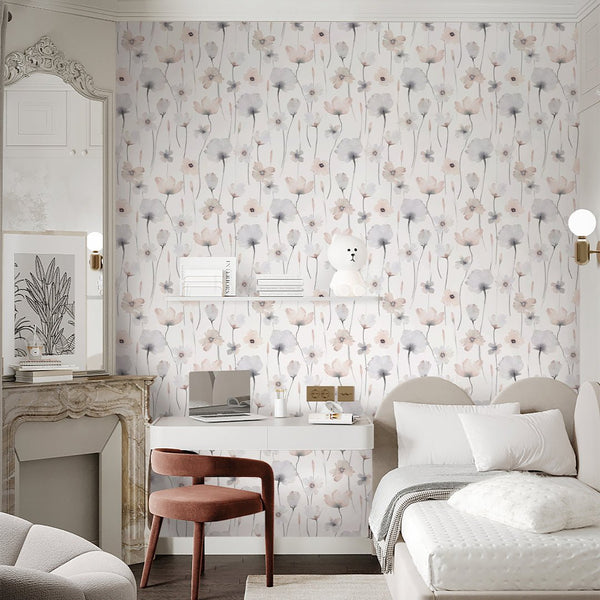 Colored Watercolor Flowers Wallpaper S078 - CostaCover - Peel and stick Removable Wallpaper - accent wallpaper - adhesive wallpaper - baby bedroom