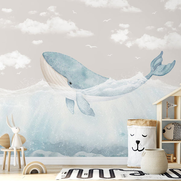 Blue Whale & Beige Sky Wall Mural SM058 - CostaCover - Peel and stick Removable Wallpaper - accent wallpaper - adhesive wallpaper - baby bedroom