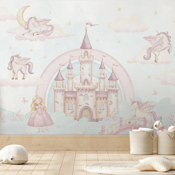 Pink Blue Magical Kingdom Wall Mural AM133 - CostaCover-Peel and stick Removable Wallpaper-accent wallpaper-adhesive wallpaper-baby bedroom