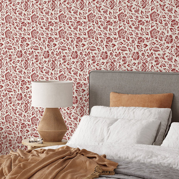 Red Vintage Flowers Wallpaper CC344 - CostaCover - Peel and stick Removable Wallpaper - accent wallpaper - adhesive wallpaper - bathroom wallpaper