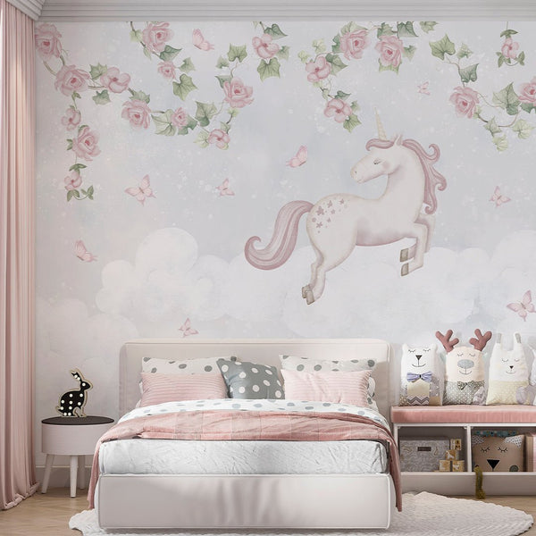 Flying Unicorn in Bloom Wall Mural AM146 - CostaCover-Peel and stick Removable Wallpaper-accent wallpaper-adhesive wallpaper-baby bedroom