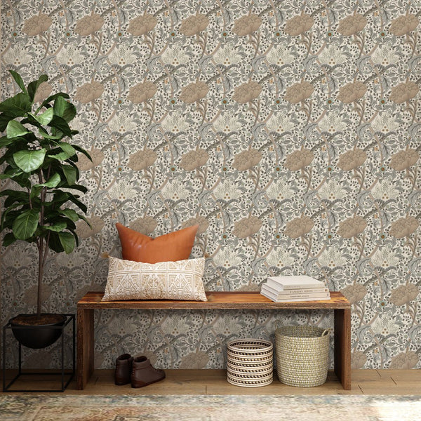 Muted gray and beige floral wallpaper with large blooms and looping stems. Dusty teal and pale gold accents add elegance. Ideal for creating a statement wall in living rooms or bedrooms. Pre-pasted wallpaper option available, eco-friendly and Made in the USA.
