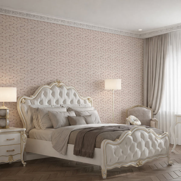 Floral vine wallpaper with irregular sprigs on a blush ground, creating a relaxed ambiance for bedrooms.