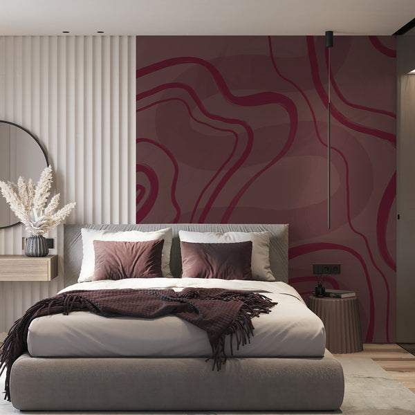 Dark red wall mural featuring flowing burgundy lines over soft mauve and muted rose tones with subtle texture for a contemporary bedroom wall.