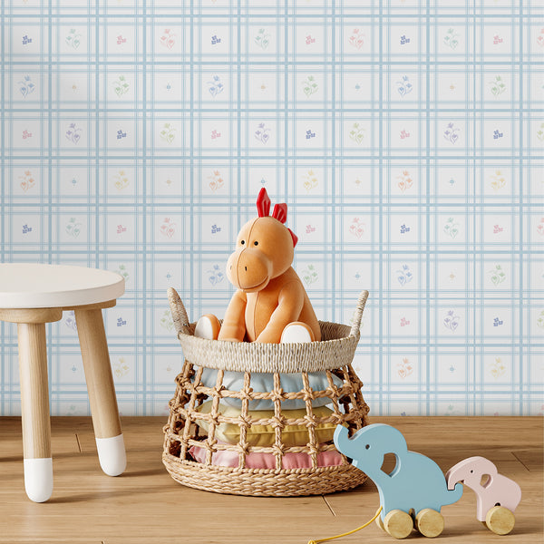 Blue Plaid Floral Wallpaper L148