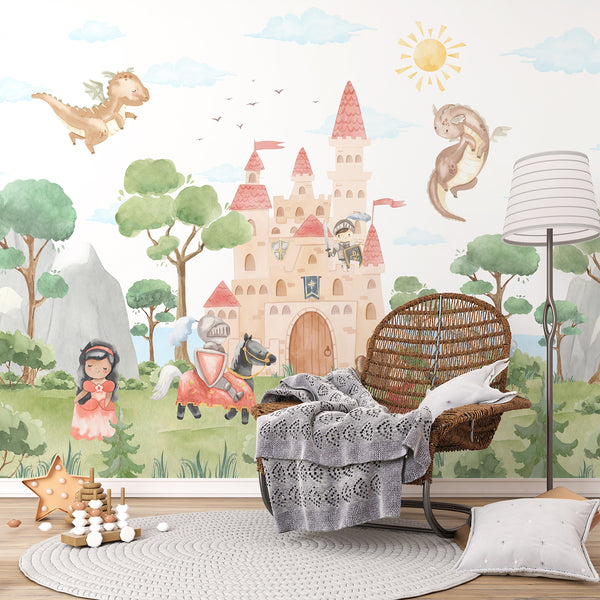 Kids room wall mural featuring a storybook castle surrounded by cute dragons, princesses, medieval knights, green trees and soft blue clouds.