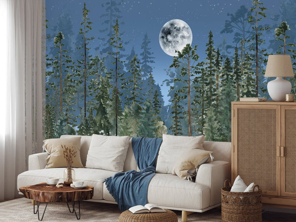 Night Sky & Woodland Wall Mural WM028 - CostaCover - Peel and stick Removable Wallpaper - adhesive wallpaper - baby bedroom - bathroom wallpaper