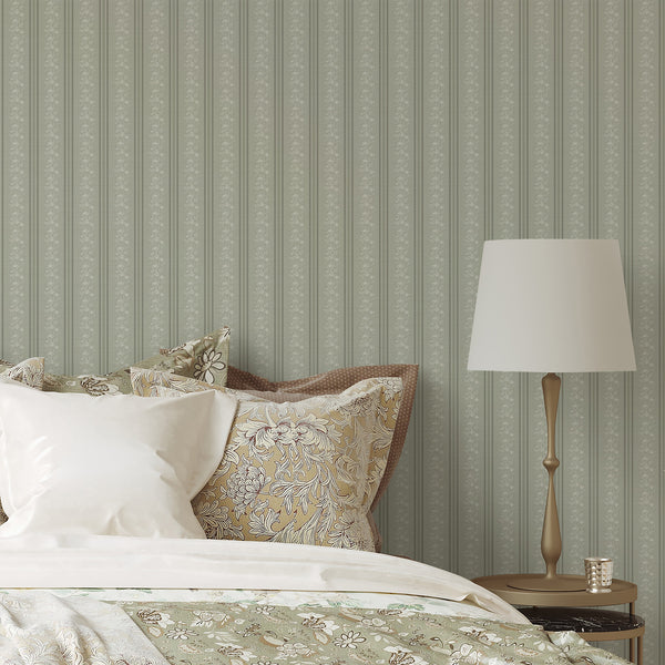 Sage Green Floral Stripe Wallpaper L130