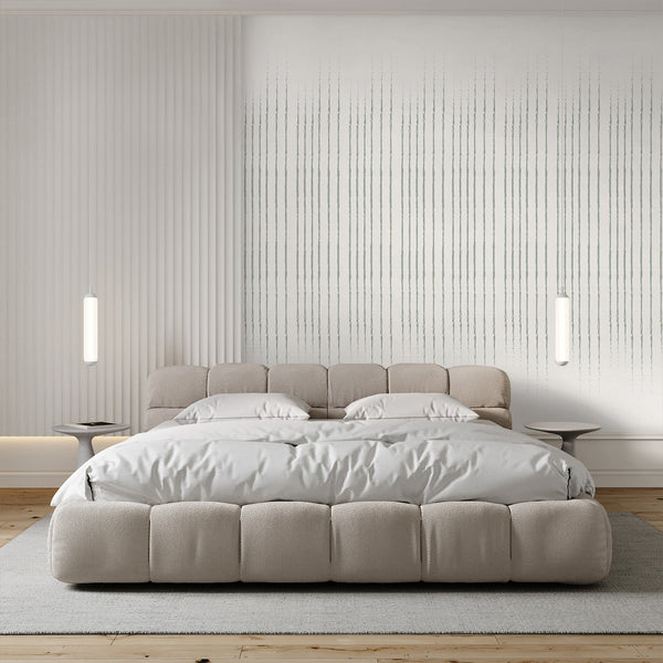 Detail of vertical stripe mural, showcasing hand-edged lines and subtle fading for a wabi-sabi aesthetic.