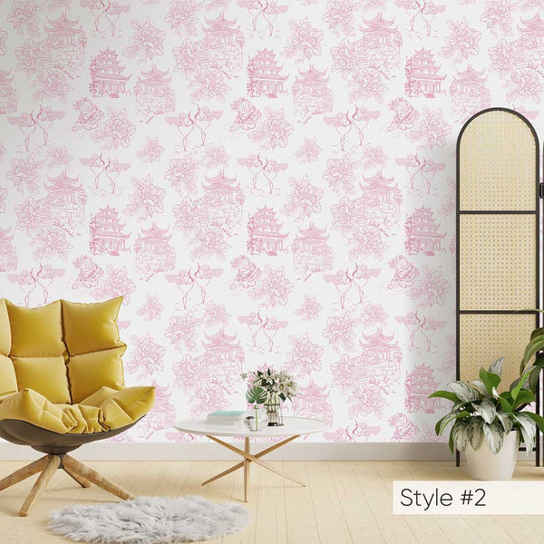Chinoiserie Tiger Pagoda Wallpaper CC260 - CostaCover - Peel and stick Removable Wallpaper - accent wallpaper - adhesive wallpaper - adhesive wallpaper design