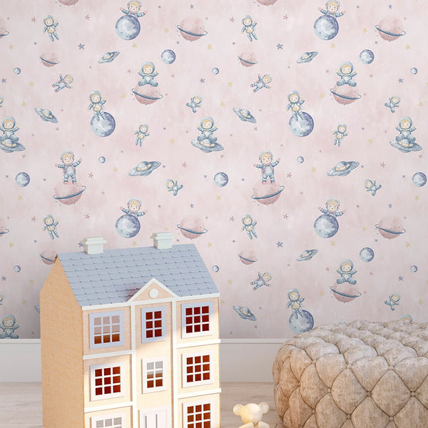 Pastel Pink Astronauts & Planets Wallpaper S132 - CostaCover-Peel and stick Removable Wallpaper-accent wallpaper-adhesive wallpaper-baby bedroom