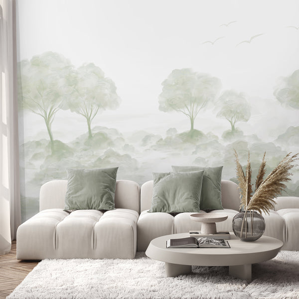Minimalist landscape mural with pale green trees, airy vegetation and soft watercolor texture, ideal for a modern living room, bedroom or home office.