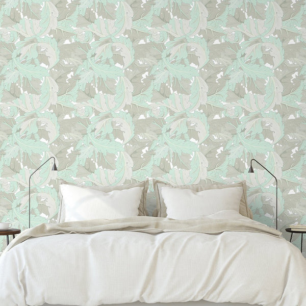 Mint & Beige Acanthus by Morris Wallpaper W125 - CostaCover - Peel and stick Removable Wallpaper - abstract floral - abstract wallpaper - accent wallpaper