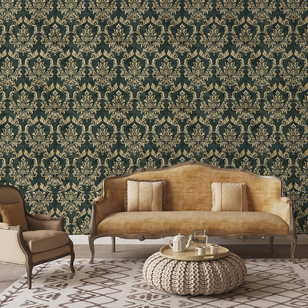 Gold Green Damask Wallpaper A029