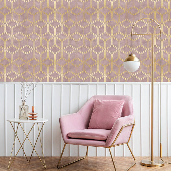 Blush Pink Сubes Art Deco Wallpaper CC327 - CostaCover - Peel and stick Removable Wallpaper - Abstract Beige Gold Stripes Waves Removable Wallpaper near me - abstract wallpaper - accent wallpaper