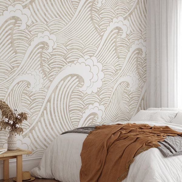 Japanese Beige Waves Wall Mural WM016 - CostaCover - Peel and stick Removable Wallpaper - adhesive wallpaper - bathroom wallpaper - bedroom wallpaper