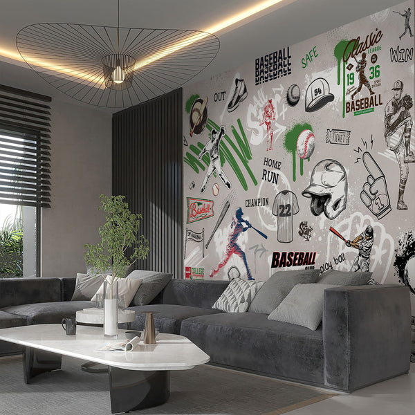 Baseball Graffiti Wall Mural with sketched imagery and urban textures, perfect for a modern playroom or teen room. This large-scale temporary wallpaper offers a collage of hats, bats, and paint splatters, bringing energetic movement to walls with its black, green, and red color scheme.