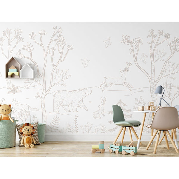 White Beige Forest Animals Wall Mural SM018 - CostaCover - Peel and stick Removable Wallpaper - accent wallpaper - adhesive wallpaper - animal print