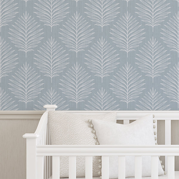 Dusty Blue Palm Leaves Wallpaper  L056