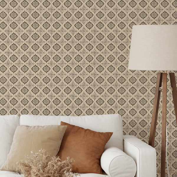 Taupe and brown medallion wallpaper on antiqued beige, creating a textured vintage atmosphere in dining rooms. Removable peel and stick, easy to apply.