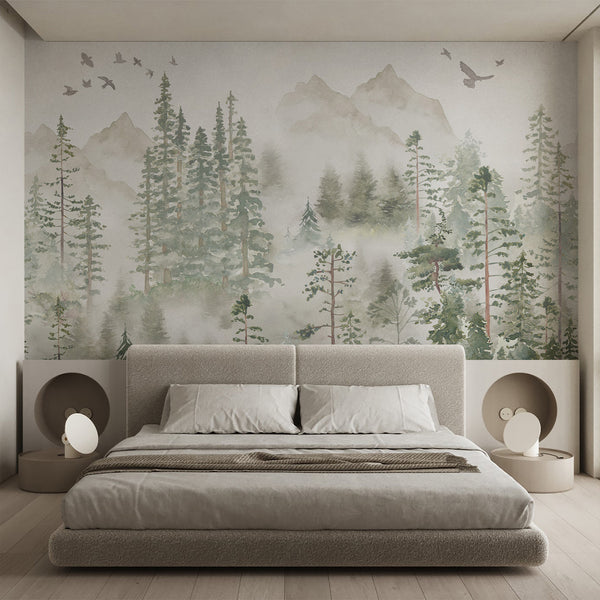 Watercolor forest scene with layered conifers, ideal for creating a tranquil feature wall in a bedroom.