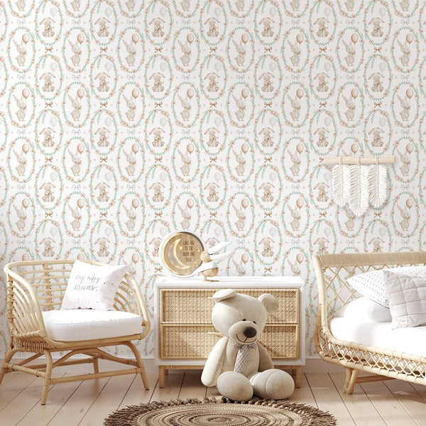 Bunny Flower Wreath Wallpaper S109 - CostaCover - Peel and stick Removable Wallpaper - accent wallpaper - adhesive wallpaper - animal print