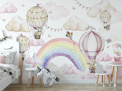 Rainbow Pink Clouds and Hot Air Balloons Self Adhesive Wall Mural WM065
