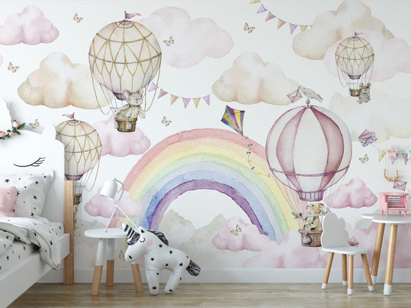 Rainbow & Hot Air Balloons Wall Mural WM065 - CostaCover - Peel and stick Removable Wallpaper - accent wallpaper - adhesive wallpaper - air balloon