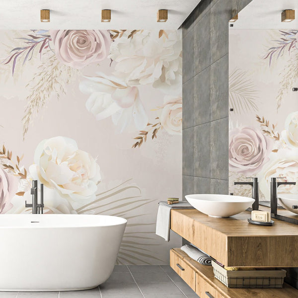 Soft Pink & White Flowers Wall Mural WM010 - CostaCover - Peel and stick Removable Wallpaper - baby bedroom - bathroom wallpaper - bedroom interior