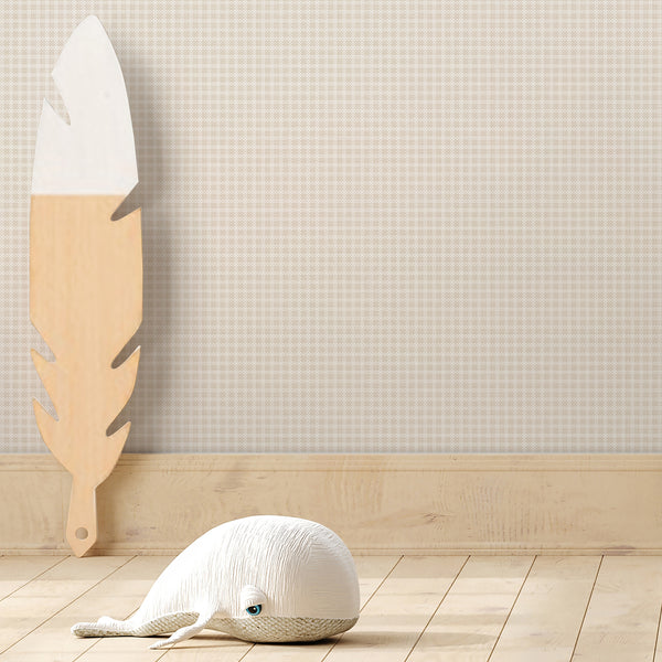 Soft beige wallpaper featuring an elegant white geometric pattern with repeating curved lattice shapes for modern minimalist interior walls.