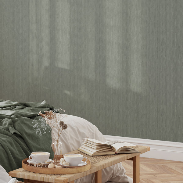 Matte finish, removable sage texture wallpaper, ideal for renters looking for a brushed fiber look.